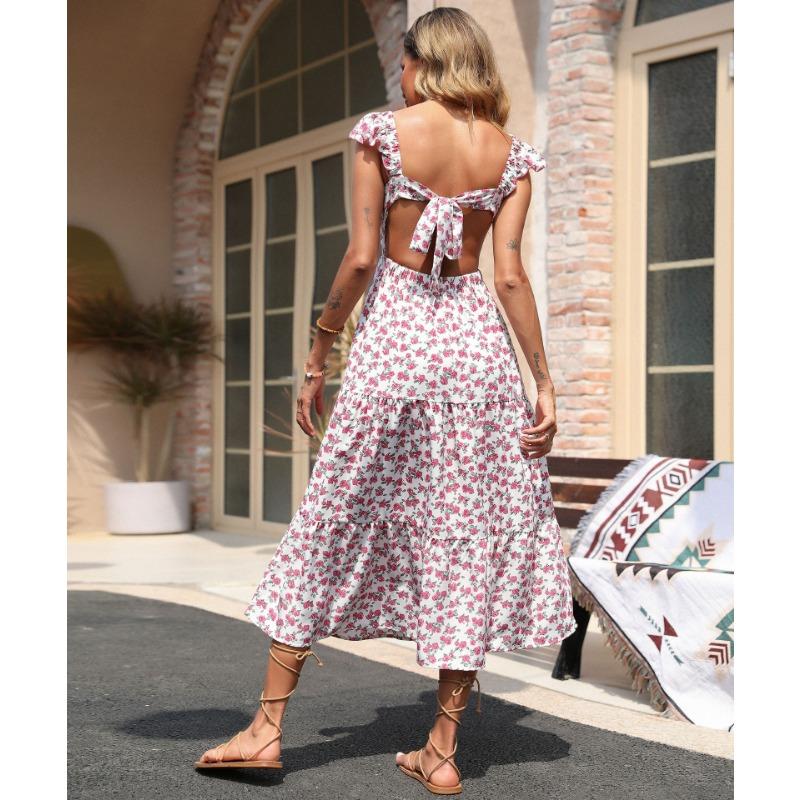 Women Sweet Floral Print Square Neck High Waist Flutter Sleeve Midi A Line Dress
