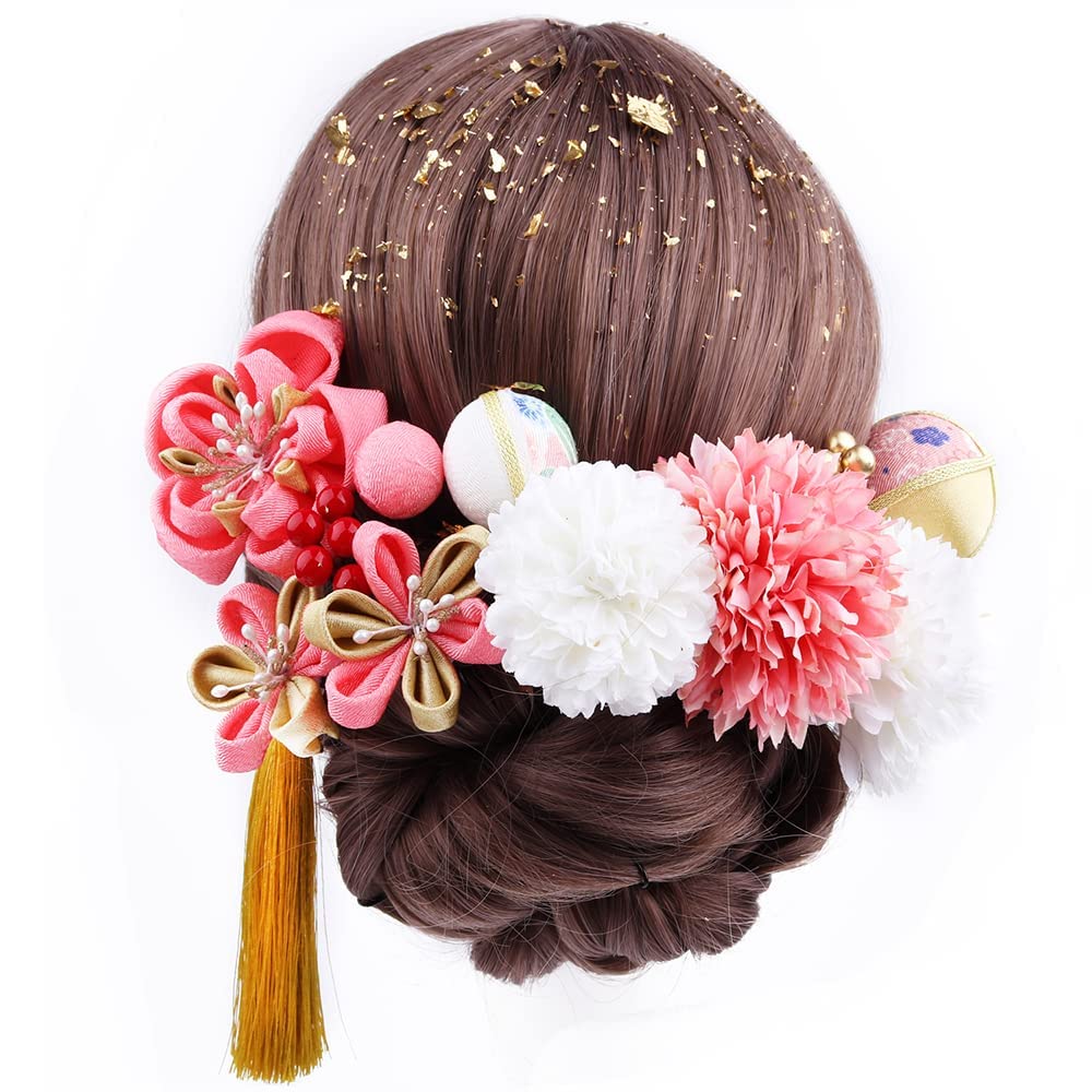 Handmade Hair Ornament Set for Japanese Hair Gold Flower Perfect for Shiromuku Irouchikake and Includes Gold 13-Piece Coming-of-Age Ceremonies,