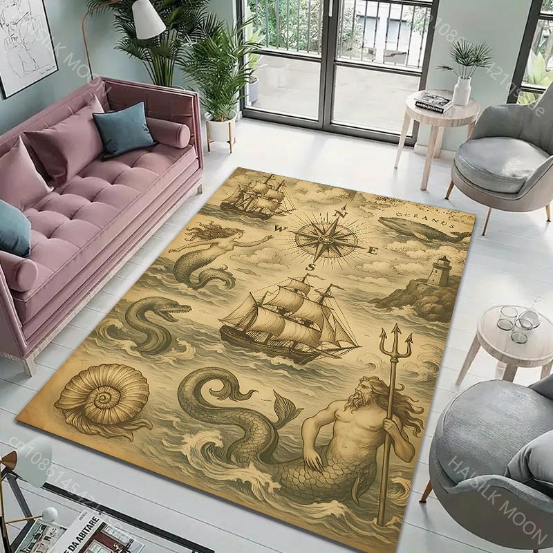 Multi-Size Retro Nautical Chart Pattern Carpet for Living Room Bedroom Sofa Home Decor Non-slip Floor Mat Play  Area Rug