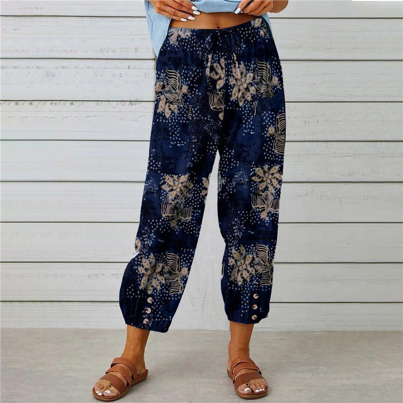 Women Linen Capri Pants Wide Leg Drawstring Cropped Pants