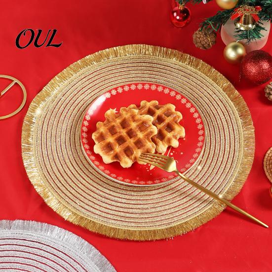 Festive Red Gold Silver Placemat Christmas Round Table Mat with Tassel, Heat Resistant PP Placemat, Non Slip Kitchen Pad Waterproof Decorative
