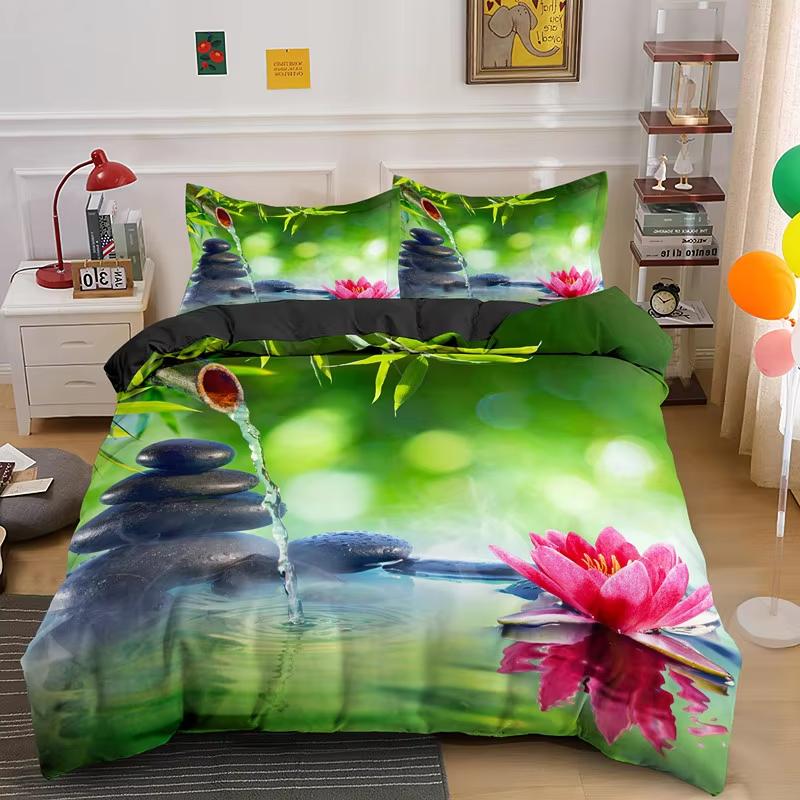 Comforter Zen Stone Green Bamboo Nature Water Print Bedding Set Queen King Size Bedroom Decorative Comforter 2/3 Pcs