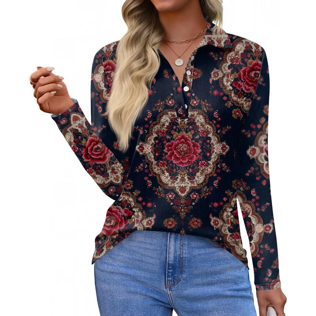 Women's Fashion Casual Lapel Short Long Sleeve Print Shirt Women's Button Up Tops