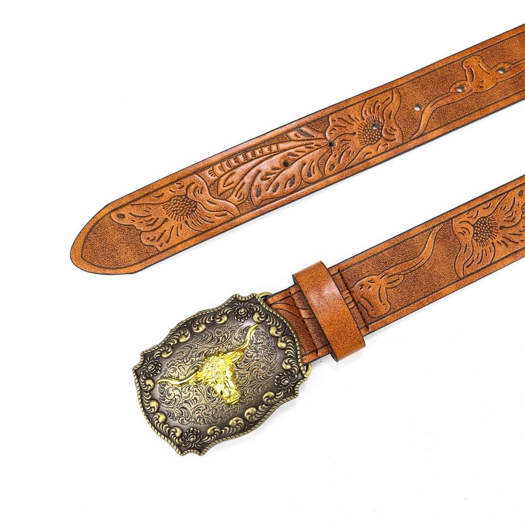 Western Denim Belt Cow Head Big Board Buckle Retro Green Men'S Punk Pu Leather Belt