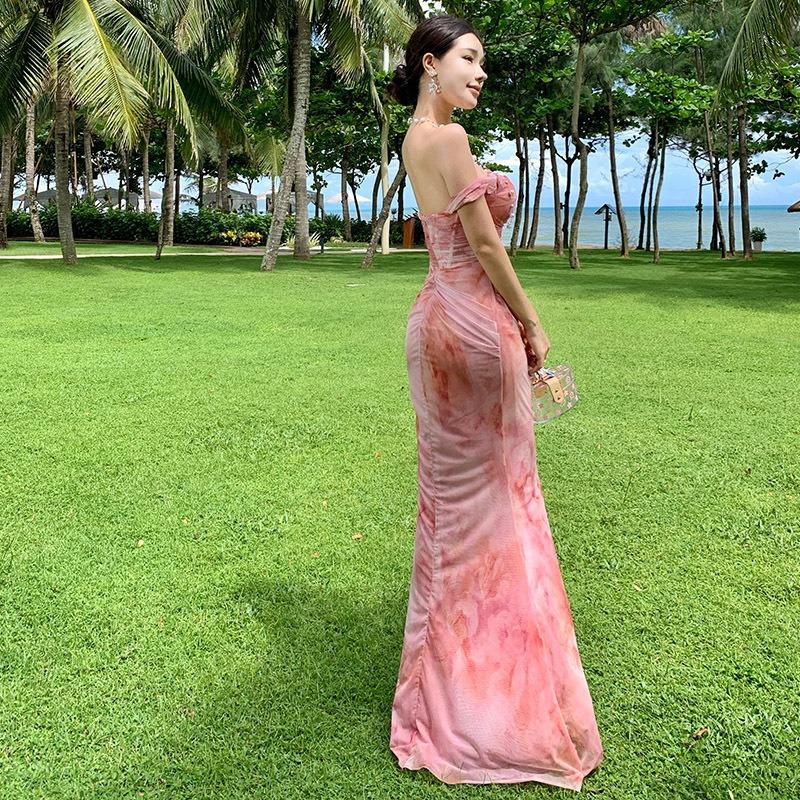 High-end Niche Stars, One-word Shoulder Pleats, Smudged Slim-fitting Hip-wrapped Dress, Summer Super Fairy Vacation Dress