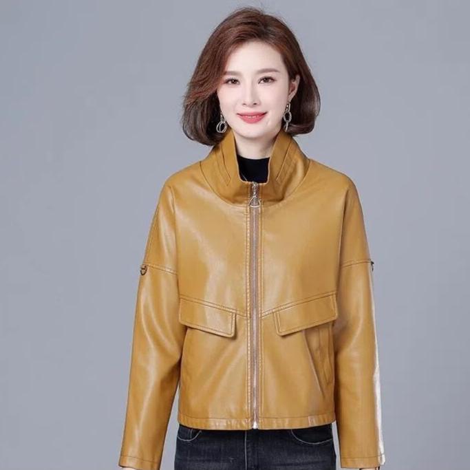 Women's  Autumn New Leather Leather Short Fashion Sheepskin Lapel Zipper Fashion Versatile Solid Color Leather Jackets