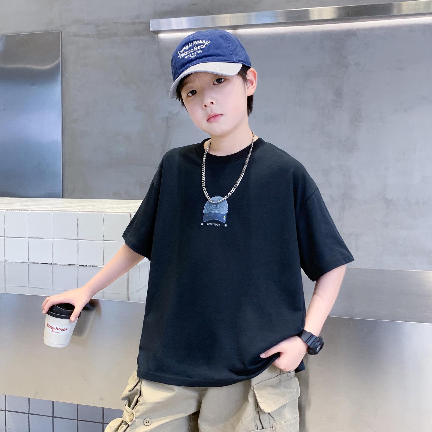 Boys Trendy Hat Print Short Sleeve Loose Top - Medium & Large Sizes 2026 170 cm тёмно-синий