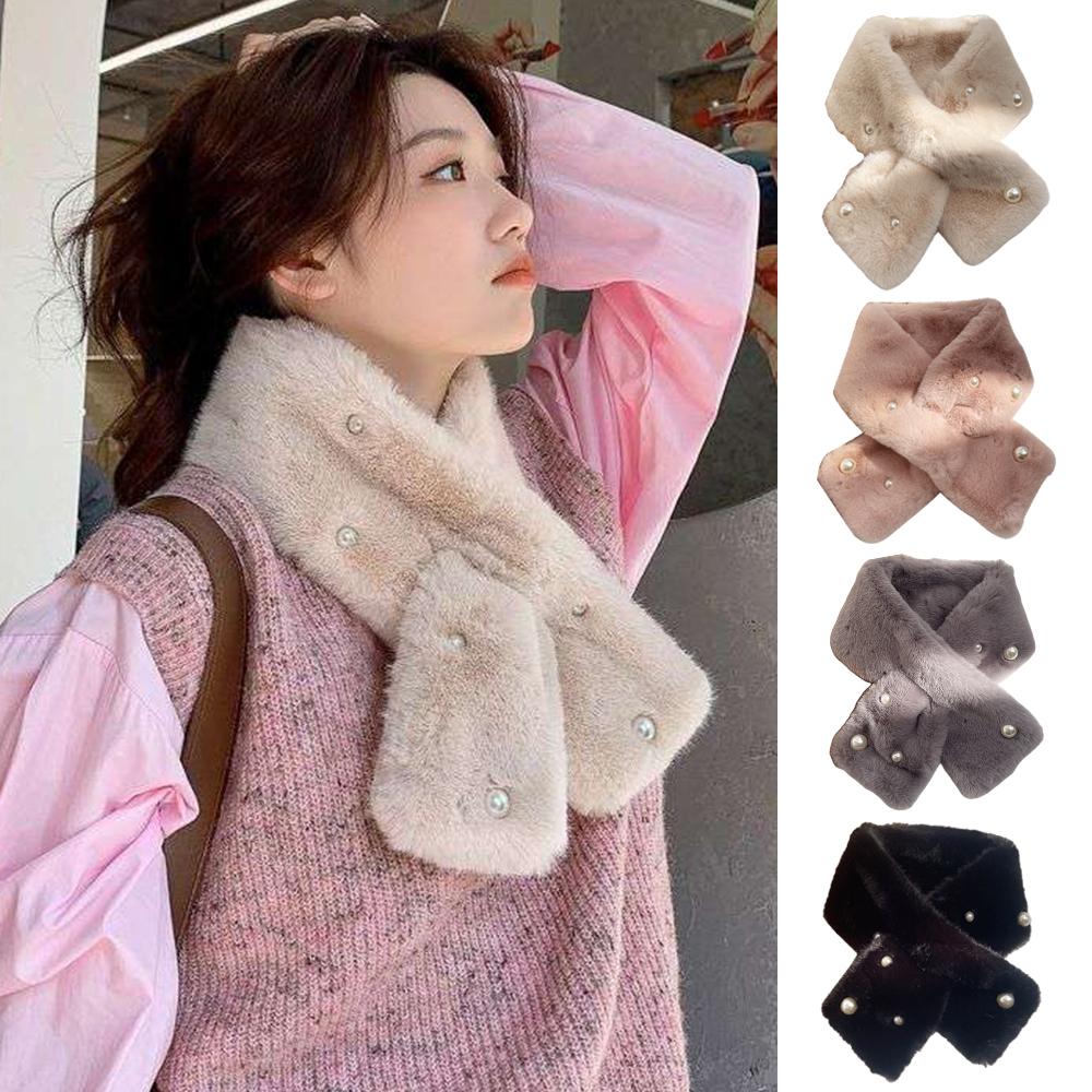 Pearl Faux Rabbit Fur Scarf Women Cute Neck Warmer Winter Warm Soft Furry Scarves Outdoor Windproof Cross Scarf Collar New