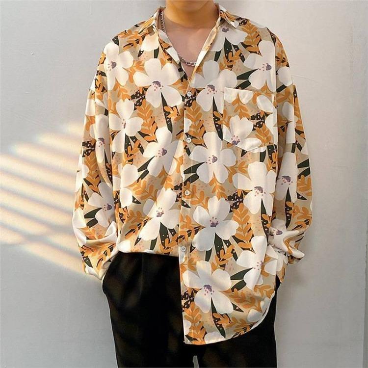 Retro Hong Kong Style Men's Floral Shirt Casual All-Match Jacket Japanese Korean Style Trendy Spring Autumn Fashion