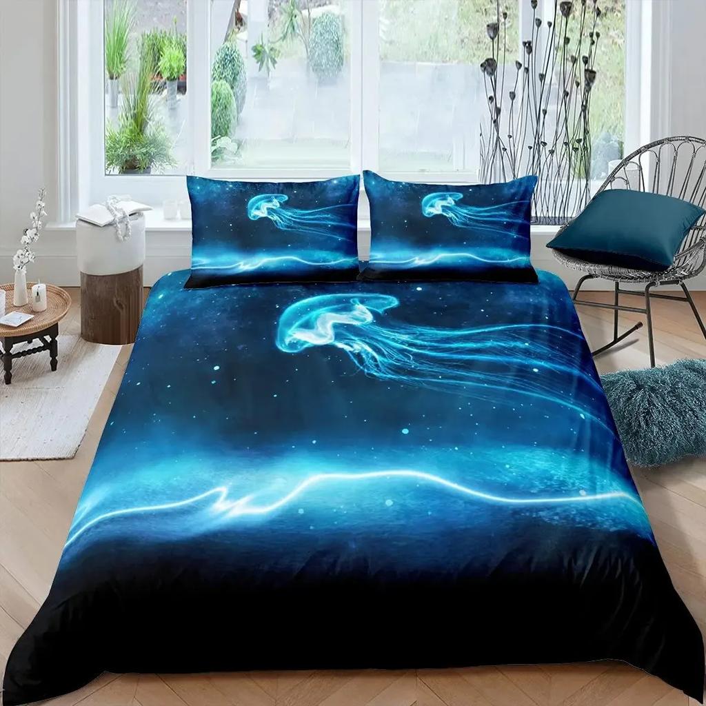 Blue Sea And Galaxy Duvet Cover Set Full,3D Whale Ocean Creatures Bedding Sets Space Starry Mysterious Nebula Comforter Cover