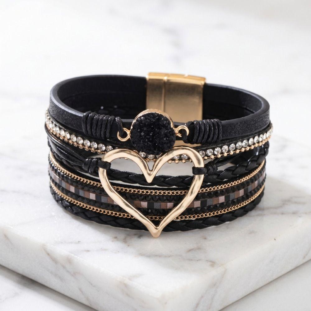 Leather Bohemian Style Bracelet Crystal Stacked Zircon Bracelets Heart Woven Bracelet  For Women
