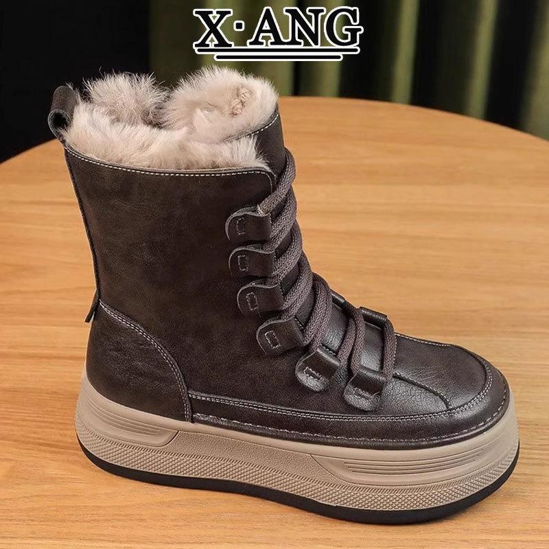 

Интегрированные с натуральным мехом зимние женские ботинки на толстой подошве, нескользящие, водонепроницаемые, большие хлопковые ботинки, ботинки Мартина средней высоты, детские 40