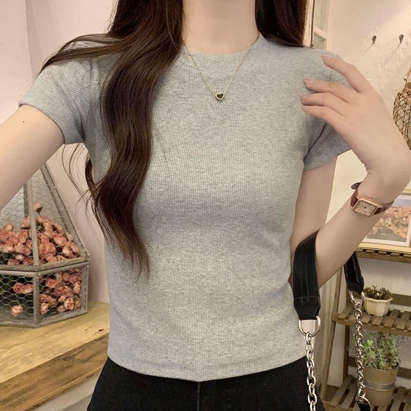 Front shoulder pink short-sleeved cotton T-shirt women's summer new Spice Girl tight-fitting design short small stand-up collar inner top
