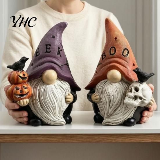Skeleton Crow Figurine Set Halloween Gnome Statue, EEK BOO Resin Elf Dwarf with Pumpkin Cute Desk Accessories Skull, Spooky Tabletop Ornament