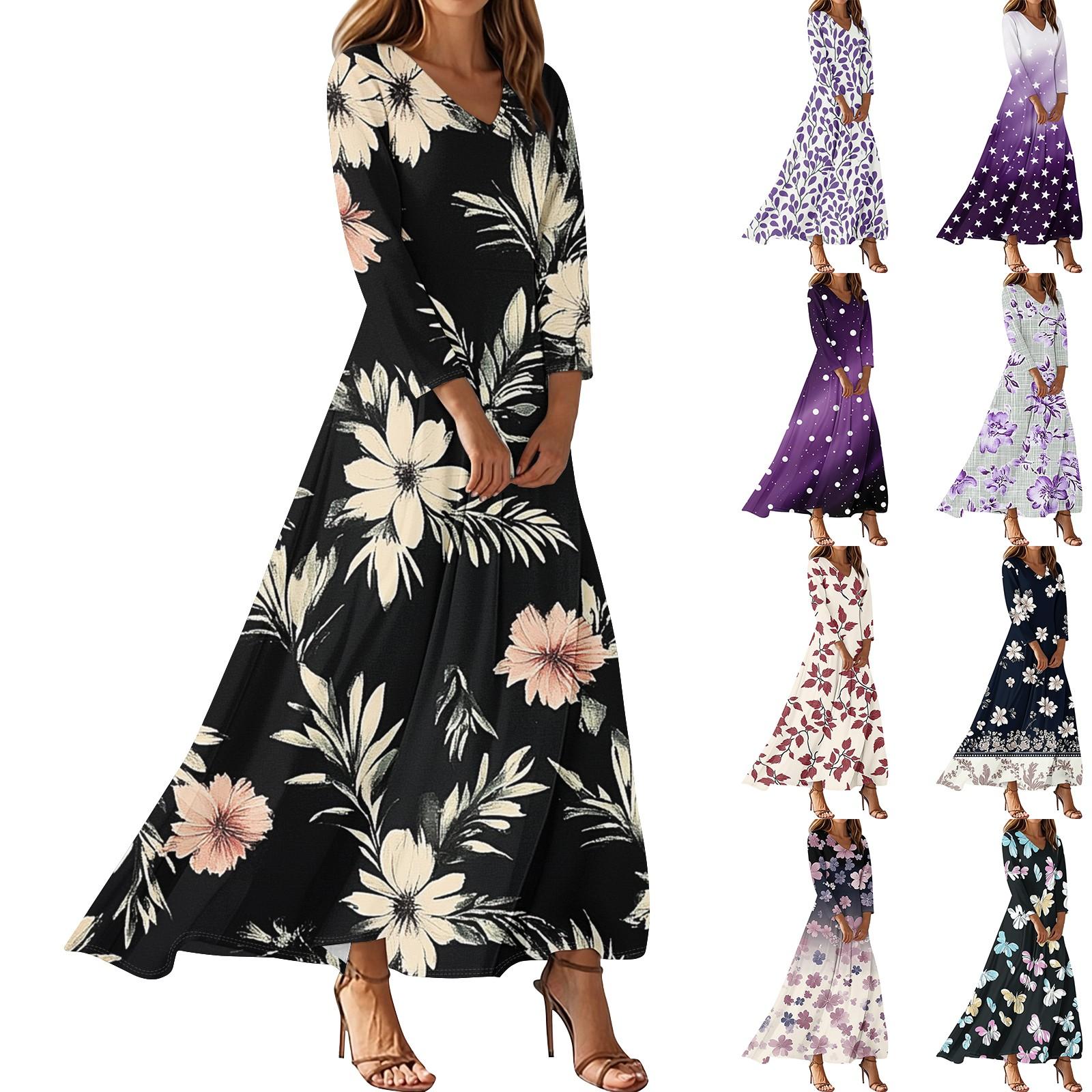 

Women s Casual 3/4 Sleeve V-Neck Floral Print Maxi A-Line Beach Dress XXL бежевий