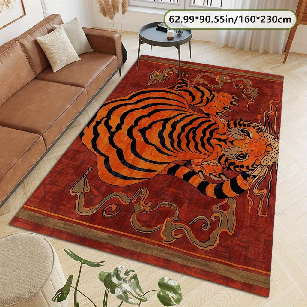 Dieser Rote Teppich zeigt ein Tiger-Muster im Vintage-Chinesischen Stil, Hergestellt aus Kristall-Samt mit einer Rutschfesten Kunststoff-Unterseite Und W