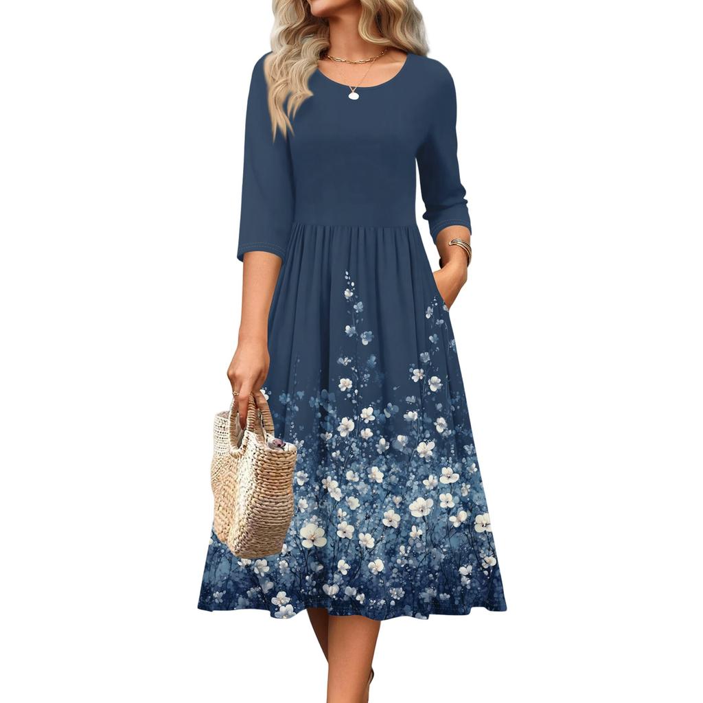 Rochie de damă cu mâneci 3/4, casual, fluidă, în A, midi, tip tricou, cu buzunare, cu gât rotund, pentru vacanță, boho, de plajă, de vară