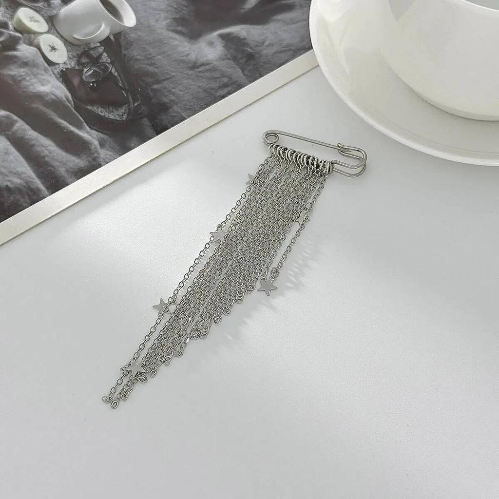 IngeSight.Z New Irregular Star Tassel Metal Chain Pendant Tassel Brooch Women Charm Suit Shortened Pin Daily Wear Accessory Gift