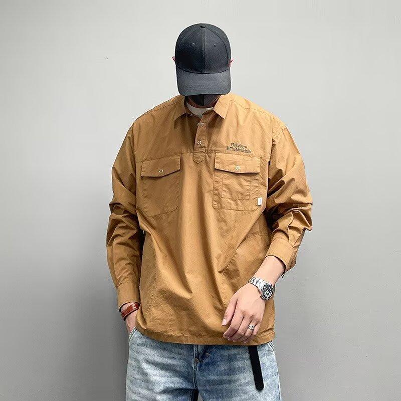 Pullover Sweater Retro Simple Letter Embroidered Shirt Long Sleeve Lapel Multi-Pocket Casual Shirt Spring and Autumn Coat