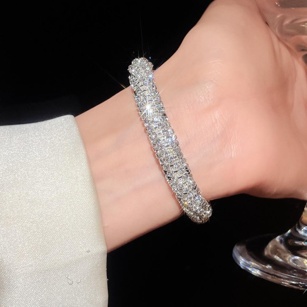 Silver Color Rhinestone Bangle Round Open Bangle Luxury Cuff Bracelet  Ladies