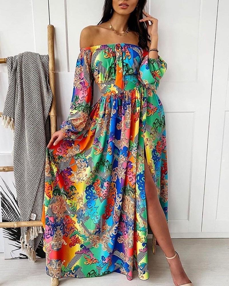 V-neck Vintage Long Sleeve Slit Dress with European & American Print