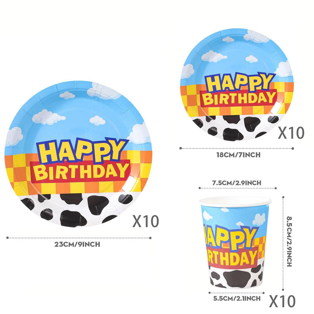 30pcs Disney Toy Story Cow Pattern Plaid Birthday Party Tableware, Disposable Paper Plates and Cups Party Supplies