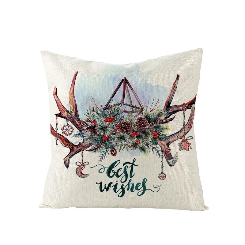 Nordic New Christmas Pillowcase Watercolor Wreath Linen Cushion Cover Sofa Cushion Cover