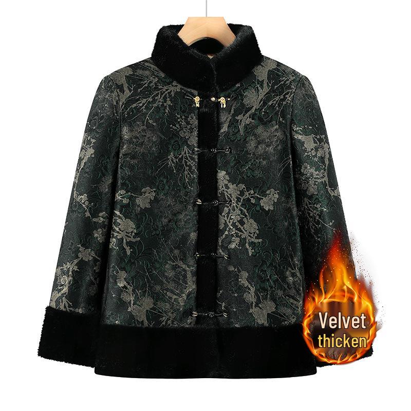 

Elderly Women s Fleece-Lined Cotton Jacket - Chinese Style, Stand Collar, Plus Size, Warm Winter Wear for Grandma 6XL (for 165-180 lbs) зелений