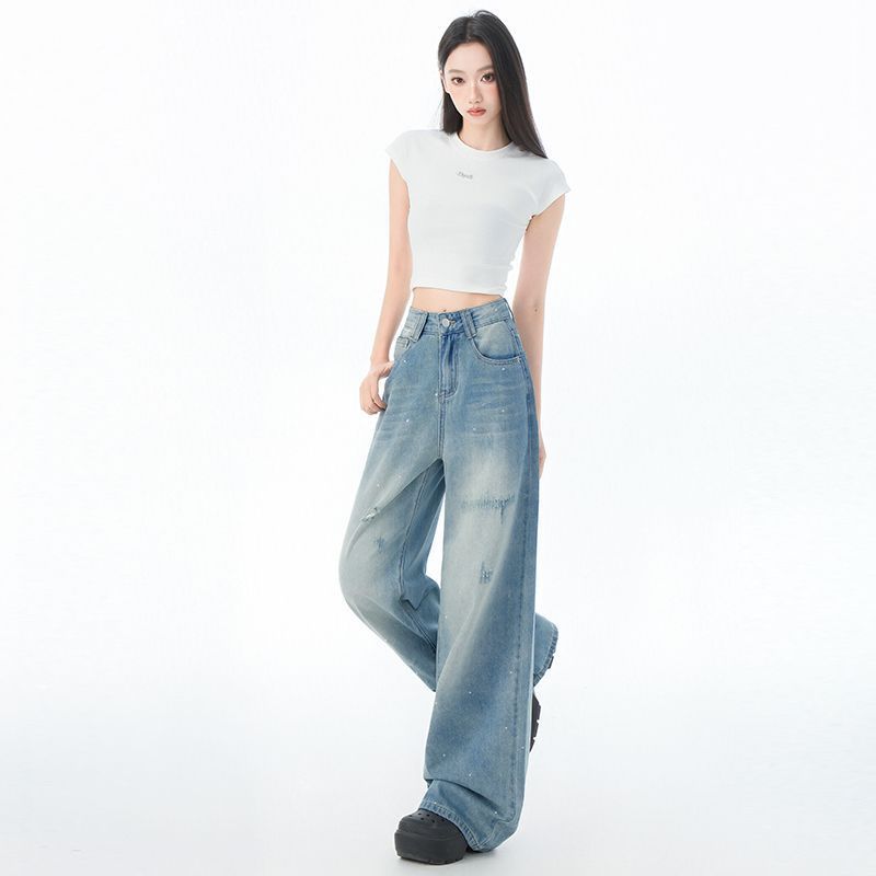 Niche Design Sense Glitter Powder Craft Wide-leg Jeans for Women In Summer Thin High Waist Loose Straight Floor Ripped Pants