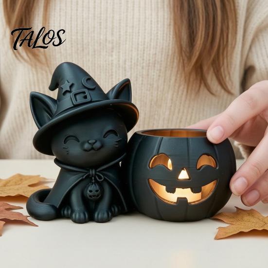 Ghost Face Tealight Cup Halloween Black Cat Pumpkin Candlestick, 3D Printed Witch Candle Holder with Cup, Spooky Tabletop Decor for Party Creative