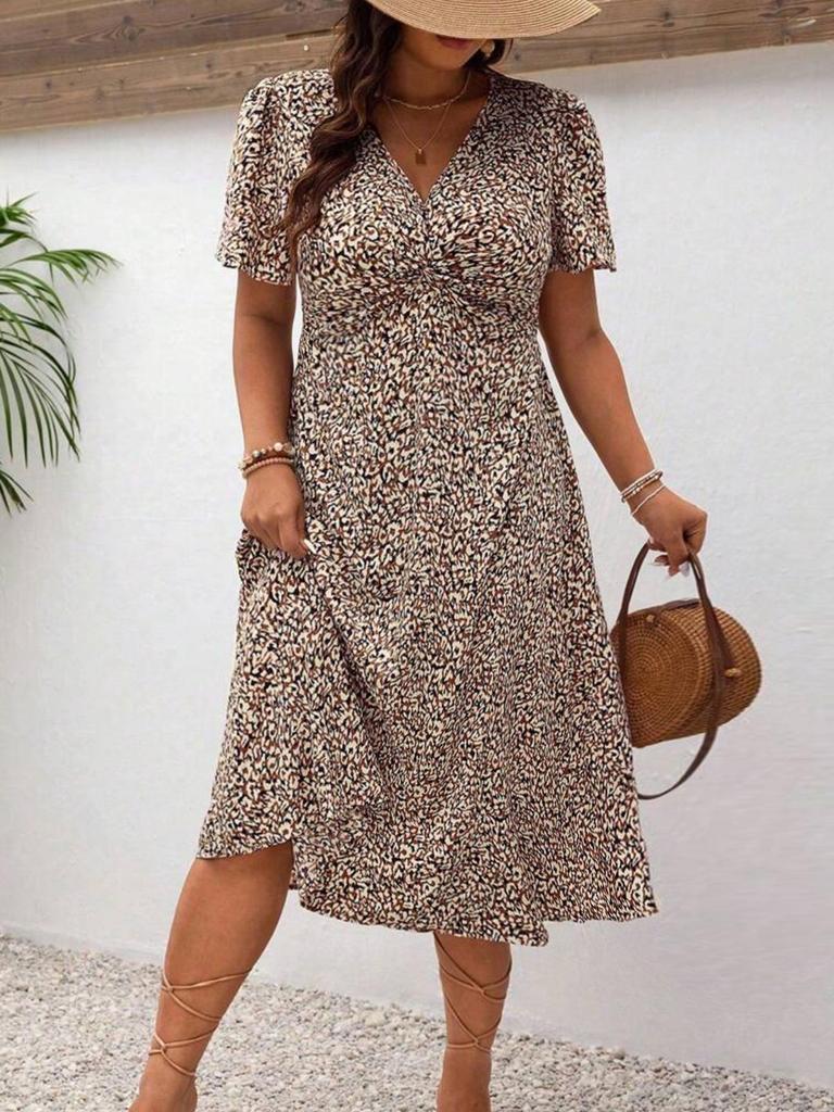 2025 European & American Summer Leopard Print Plus Size Women's Short Sleeve Dress