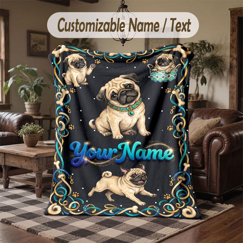 Pug Theme Throw Blanket Custom Name Text Personalized Blanket Soft Cozy Blanket for Home Sofa Bed