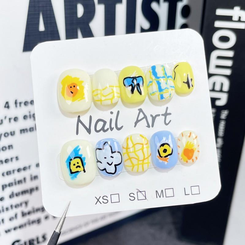 Cute Cartoon Press-On Nails Kids Girls Short Round False Nail Tips With Floral Lemon Bow 3D Design Extra Small