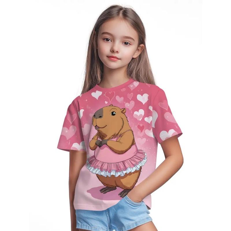 T-Shirts for Girls Fashion Capybara Children Clothes Summer Girls Clothes 7 To 8 Years Tops Cute Cartoon Print Tee Child T-Shirt
