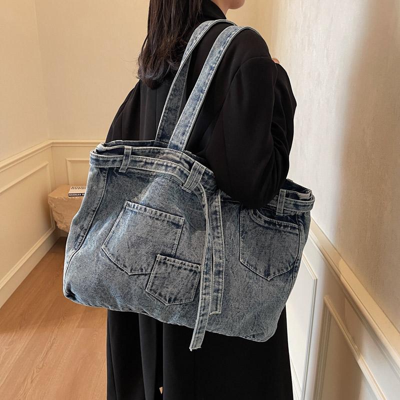 Vintage Shoulder Bag Women's Denim Tote Bag Large Capacity Student Class Bag