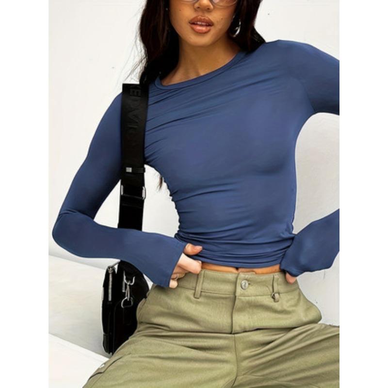 Solid Color Casual Round Neck Long Sleeved T-shirt Top
