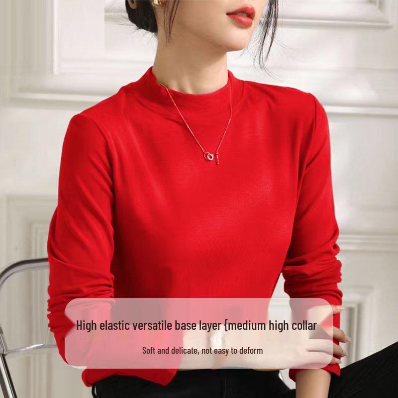 2024 Koreanischer Stil Damen Slim Fit Halbochgeschlossener Hals Verdicktes Langarm-Basisschicht-Oberteil