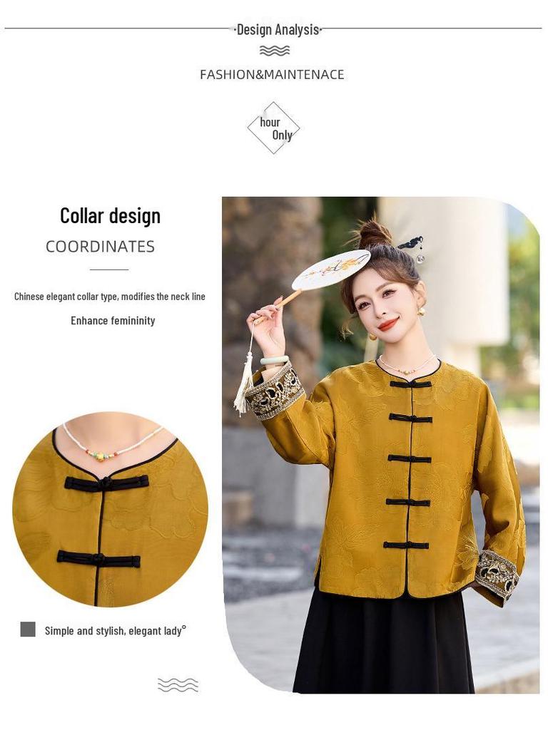 2025 Early Spring Chinese Jacquard Round Neck Frog Button Coat AH66606