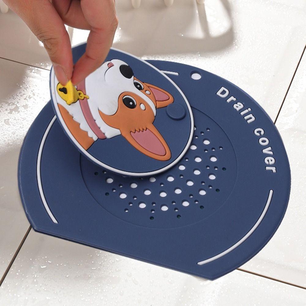 Silicone Floor Drain Mat Cartoon Dog Kitchen Sink Seal Mat  for Bathroom Hair Collection