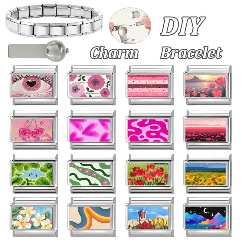 Unique Y2K Pink Girls' Eye Tulip Flowers Moon Cat Cherry Italian Charm Link Fit 9mm Stainless Steel Bracelet DIY Making Jewelry
