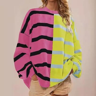 Autunno Primavera Felpa Donna Colorblock Stampa a Righe Girocollo Pullover Oversize Maglia Lunghezza Media Casual Quotidiano Top