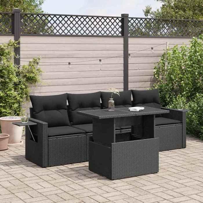 VidaXL Salon de jardin 5 pcs avec coussins noir résine tressée 3326396