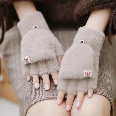 Plush Winter Half Finger Flip Cover Gloves Warm Thickened Men Women Fashion Solid Knitted Gloves Student Writing Gloves