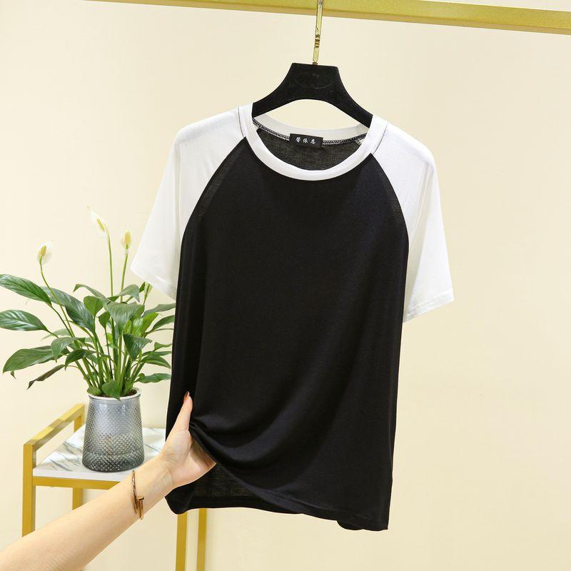 

Modal round Neck Contrast Color Raglan Bottoming Shirt Women s Summer Thin Outdoor All-Matching Short Sleeve T-shirt plus Size Slim-Fit Top Black XL (65.00 kg-75.00 kg recommended
