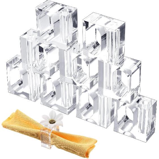 Flower Napkin Rings Clear Acrylic Napkin Holder Rings Bulk Square Flower Bud Vase Combo for Wedding, Birthday Banquet Table Decor, 1.77 x 1.97