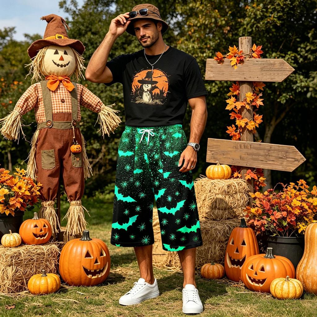 Men's Casual Loose Fit Printed Drawstring Cropped Cargo Pants with Large Pockets
