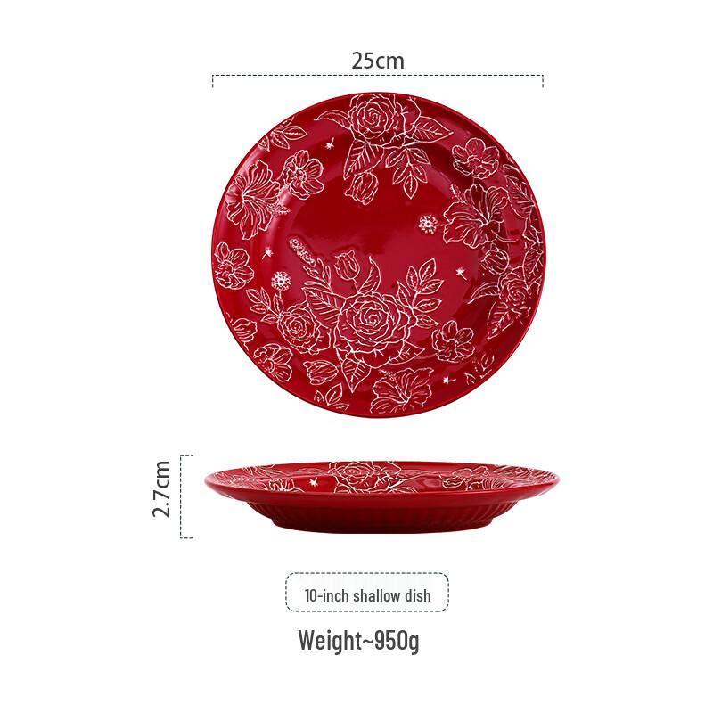 Retro Red Rose Ceramic Shallow Plate