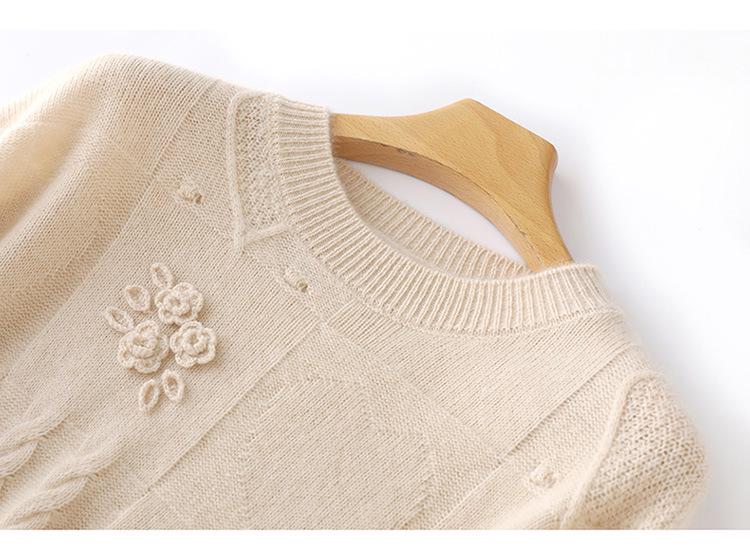 Women's Autumn Winter Wool Crochet Sweater - Casual Embroidered Round Neck Loose Knitwear
