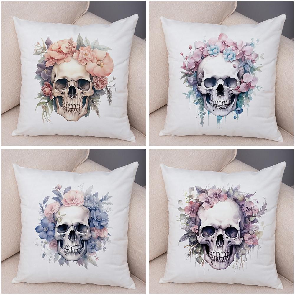 Coral Petal Skull Cushion Cover Double Print Orchid Watercolor Pillowcase Soft Plush Lavender Floral Skull Cushion Cover