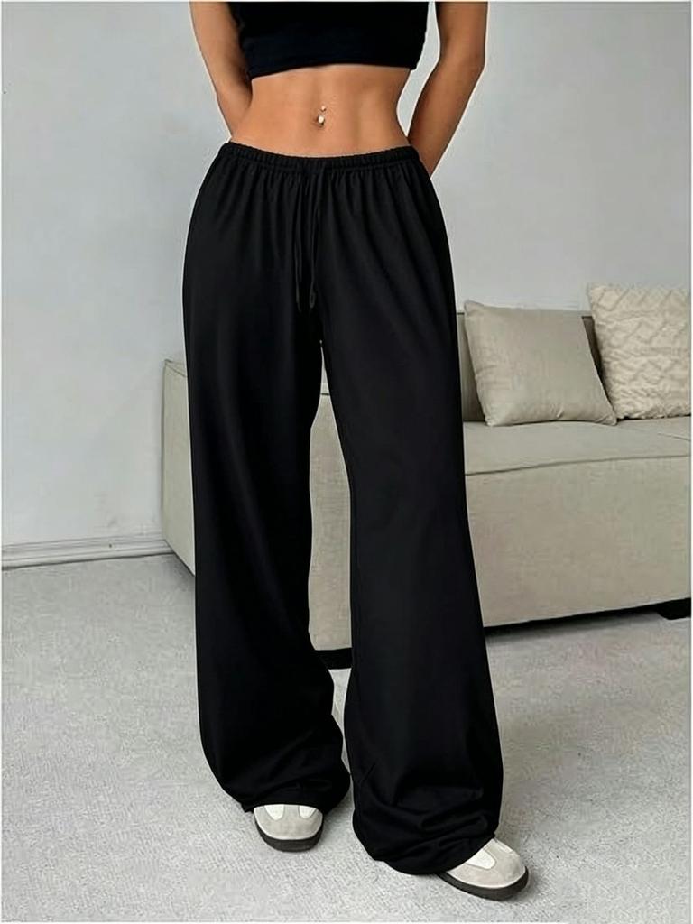New summer quick-drying breathable women's yoga sports trousers solid color drawstring loose wide-leg trousers